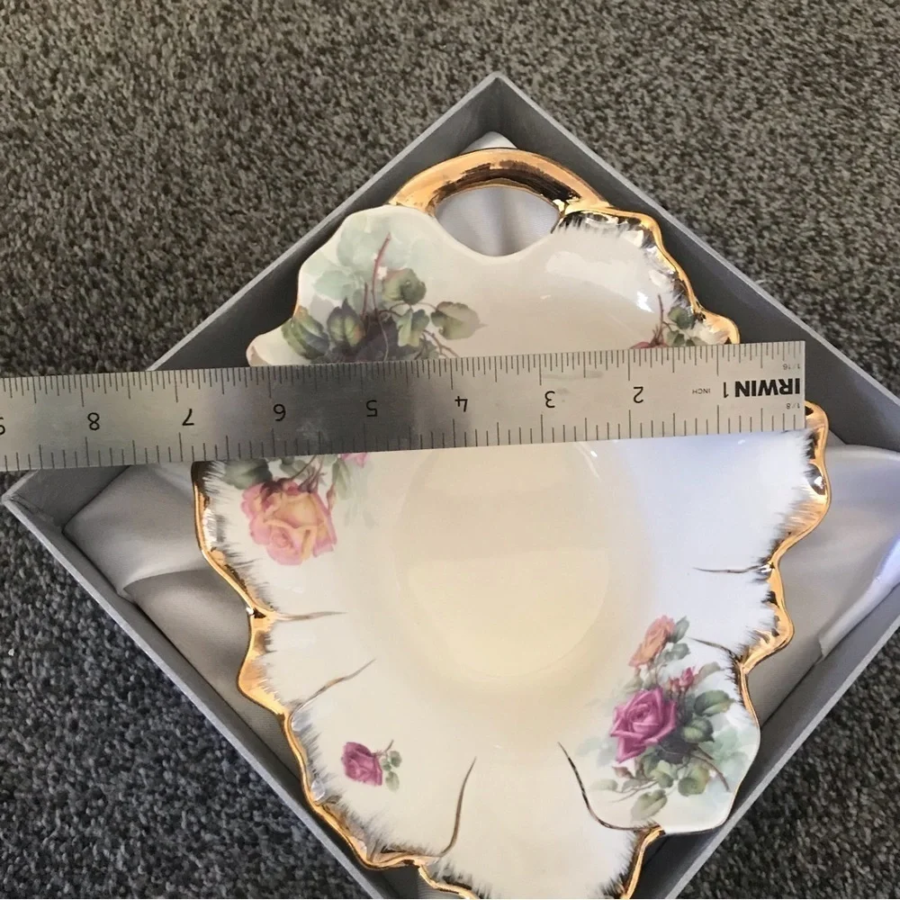 Fine Porcelain Bowl / Candy Dish By JS Gold Trim Pink and Red Roses